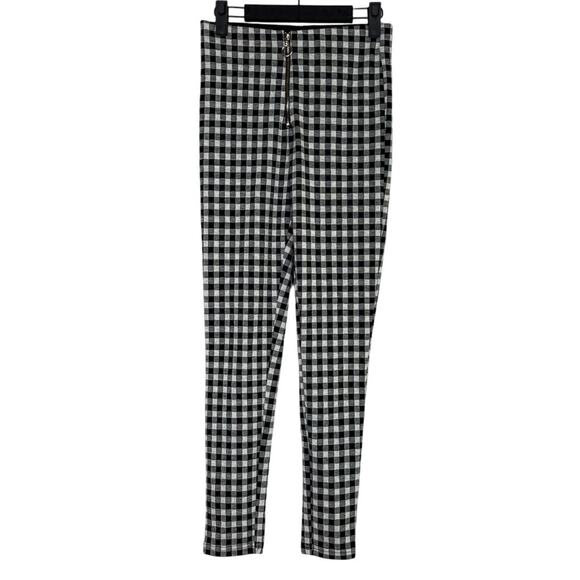 Zara Checkered Front Zip Up Mid Waist Skinny Stretch Ankle Pants S Black White - Picture 14 of 16